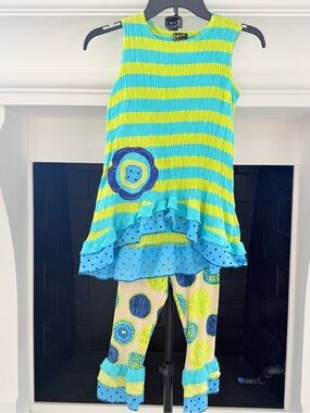 Zaza Couture Turquoise & Lime Striped Ruffle Matching Set